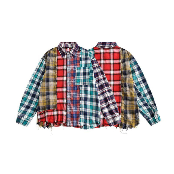 Camisa Masculina Xadrez Mosaico Manga Longa Multicolorida com Franjas