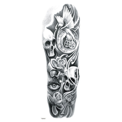 Full arm temporary tattoo sticker with a black, red, and light blue tribal design, featuring abstract shapes and patterns. - Image 26