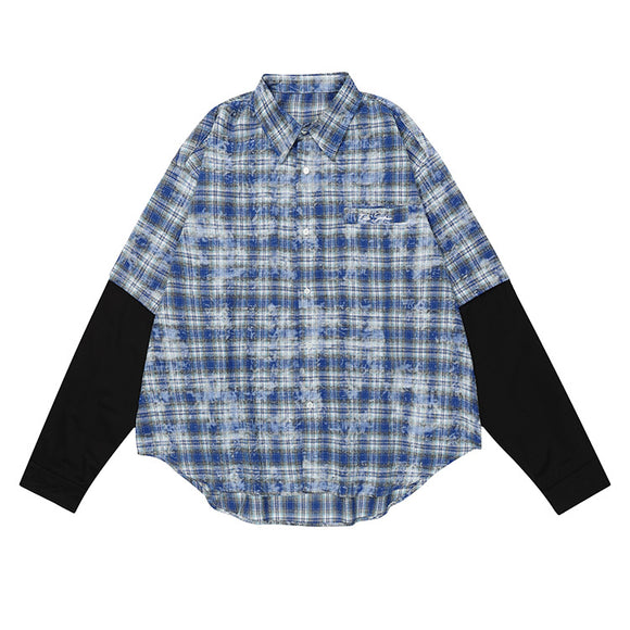 Camisa de Cuadros Hip Hop con Bordado de Letras y Solapa Floral