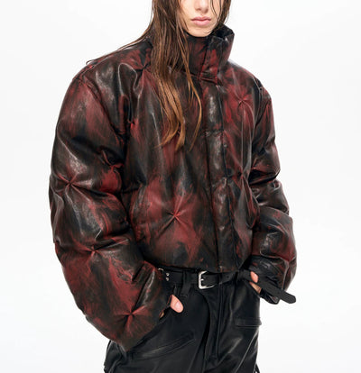 Chaqueta Puffer Corta de Cuero con Cuello Alto y Fruncido - Image 4