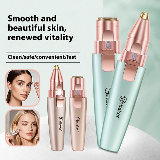 Two mint green and rose gold 2-in-1 electric eyebrow shaping devices with USB cables and packaging.