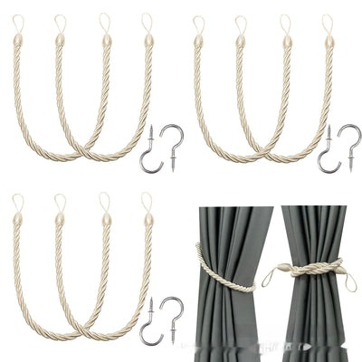 Four beige twisted rope curtain tie-backs with loops, shown with two silver screw-in hooks and on sheer white curtains. - Image 4