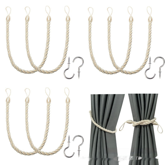 Four beige twisted rope curtain tie-backs with loops, shown with two silver screw-in hooks and on sheer white curtains. - Image 4