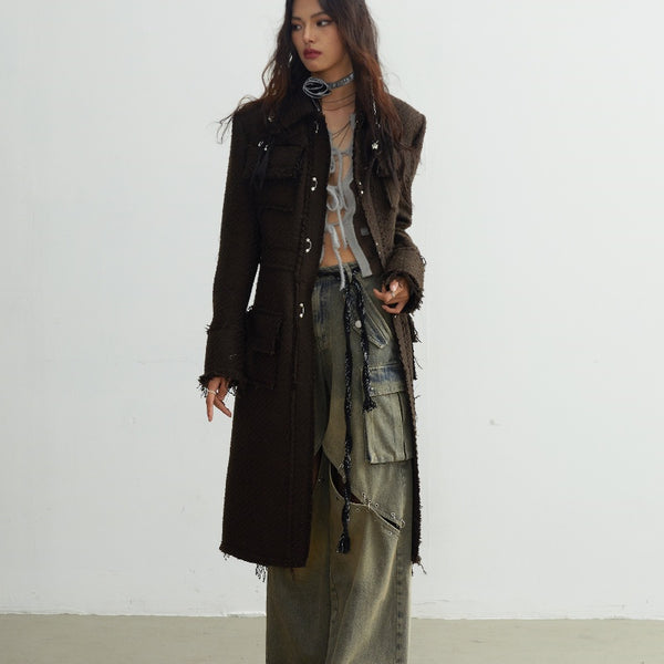 Abrigo de Lana Largo Artista Bohemio con Detalles Fleco