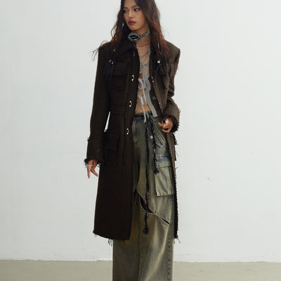 Abrigo de Lana Largo Artista Bohemio con Detalles Fleco
