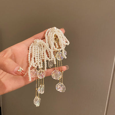 Aretes Largos de Perlas con Moño y Concha - Image 9