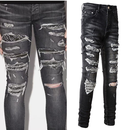 Jeans Slim Fit Gris con Parches de Flores de Marañón y Detalles Perforados - Image 7