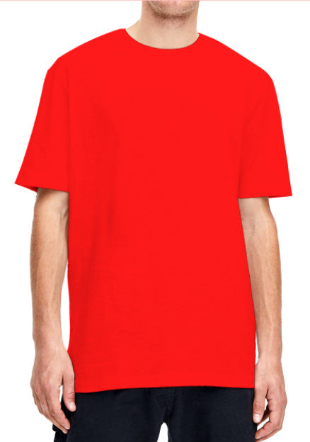 Plain light beige short-sleeved crew neck t-shirt made of cotton, shown on a model. - Image 36