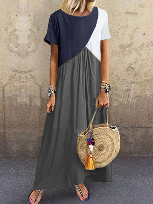Vestido Largo Mujer Patchwork Geométrico Contraste Manga Corta - Image 5