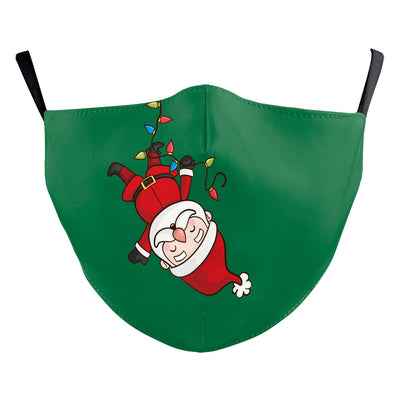 Black dustproof face mask with a digital print of Santa Claus and two reindeer in a snowy forest scene. - Image 11