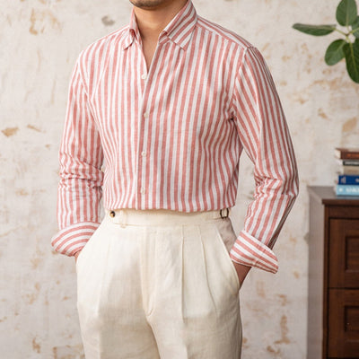 Camisa Ejecutiva Slim Fit a Rayas con Cuello de Lino