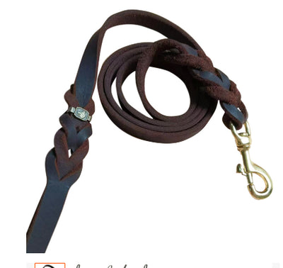 Dark brown braided leather dog leash with a gold-tone swivel snap hook, coiled on a white background. - Image 5
