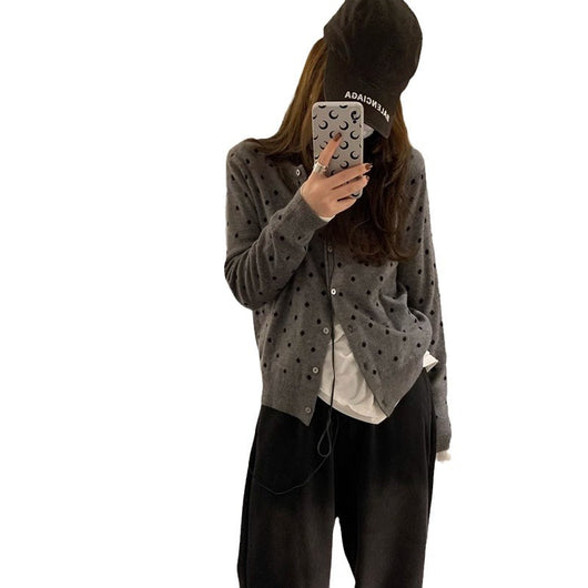 Cardigan Tejido Gris con Lunares Estilo Coreano - Manga Larga Otoño - Image 5
