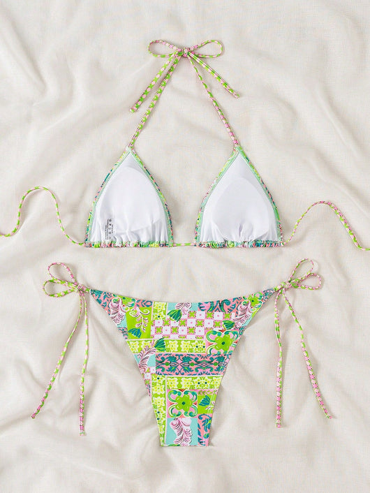 Female creative minimally printed split bikini set with a vibrant bohemian pattern and tie-side bottoms. - Image 19