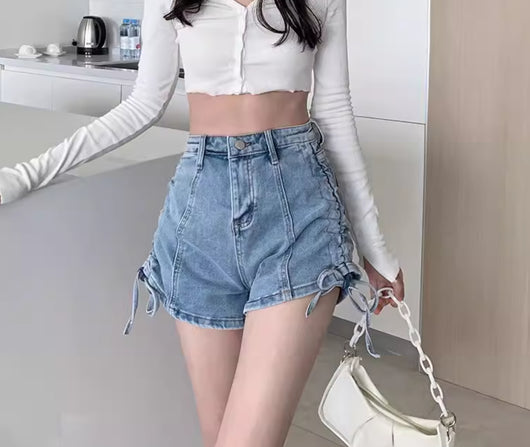 Shorts de Mezclilla Talle Alto con Diseño de Cordón Delgado y Corte Ancho para Mujeres - Image 16