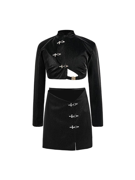 Chaqueta Blazer Bicolor Cuero Negro y Blanco con Botones Metal - Image 9