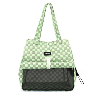 Blue and gray checkered soft pet carrier bag with mesh window and side opening for small cats or dogs. - Image 4