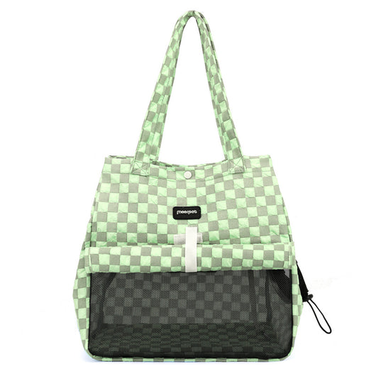 Blue and gray checkered soft pet carrier bag with mesh window and side opening for small cats or dogs. - Image 4