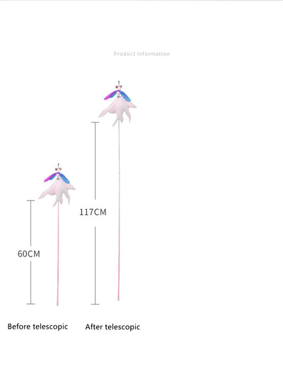Fluffy pink feather cat toy replacement head with iridescent purple and blue wings, small bells, and a hook. - Image 7