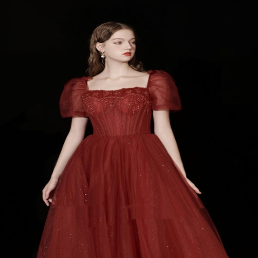 Vestido Rojo Elegante con Mangas Abullonadas para Cenas Especiales