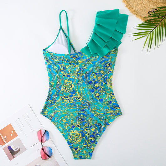 Women's one-shoulder ruffled swimsuit and matching sarong with blue and yellow lemon tile print. - Image 3