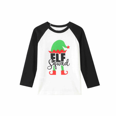 Christmas "ELF Squad" pajama set with white and black raglan long-sleeve top and green plaid pants. - Image 11