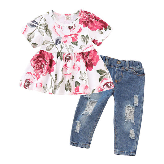 Conjunto de Dos Piezas: Top Floral y Pantalón Denim Rotos - Image 19