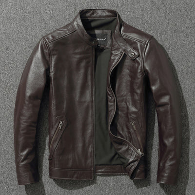 Chaqueta de Cuero Genuino Estilo Retro con Cuello Mao para Hombre - Image 8
