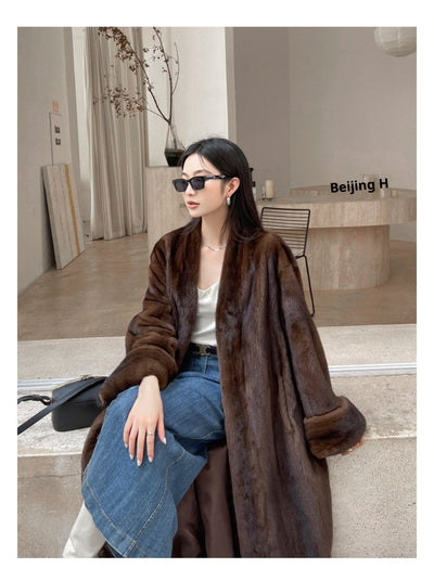 Abrigo de Visón Vintage Caramelo Cuello en V Largo para Mujer - Image 19