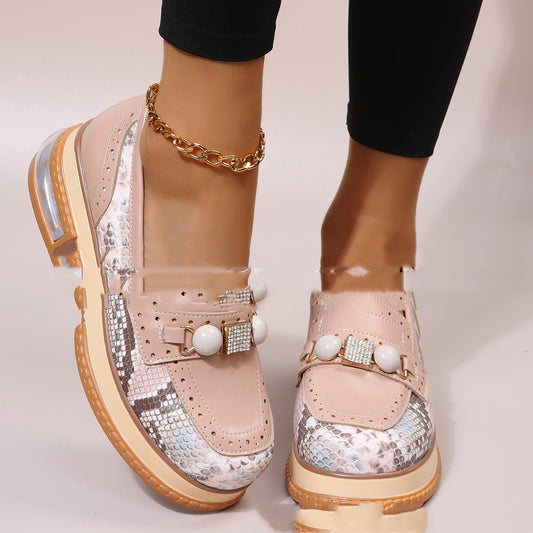 Zapatos Retro Talla Grande con Tacón Bajo y Perlas Combinadas - Image 2