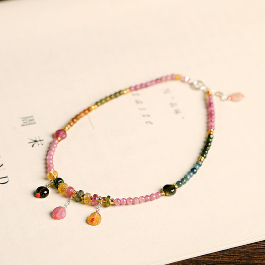 Pulsera de Tobillo en Plata 925 con Turmalina Natural y Cuentas Planas