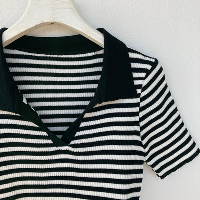 Camiseta Tejida Cuello Solapa con Perlas, Manga Corta Fresca para Verano - Image 9