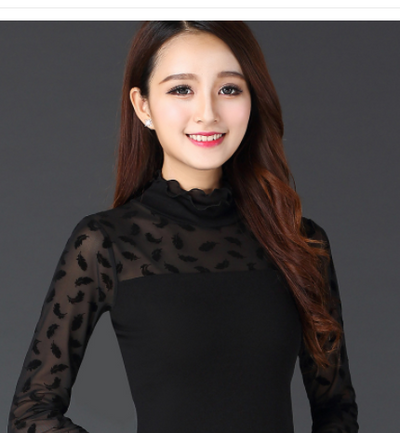 Blusa Ajustada de Encaje Mesh con Cuello Hongo - Manga Larga para Mujer - Image 3