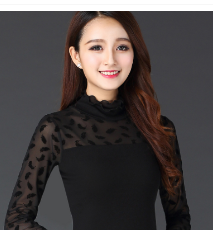 Blusa Ajustada de Encaje Mesh con Cuello Hongo - Manga Larga para Mujer - Image 3