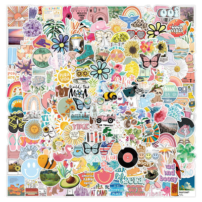 200 assorted waterproof PVC stickers featuring diverse designs like sunflowers, butterflies, rainbows, travel scenes, and positive quotes. - Image 18