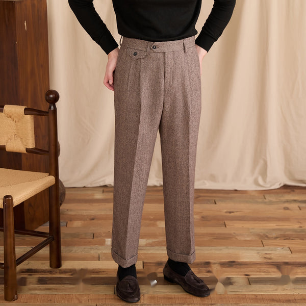 Pantalones de Lana Pata de Gallo Cintura Alta para Hombre - Otoño Invierno