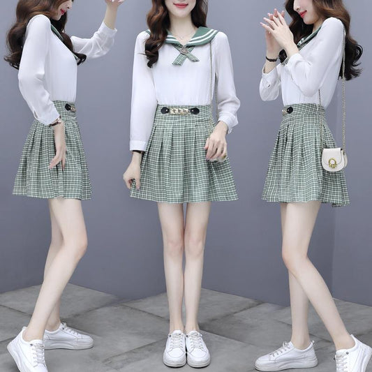 Conjunto Preppy Primavera: Blusa con Moño y Falda Cuadrillé