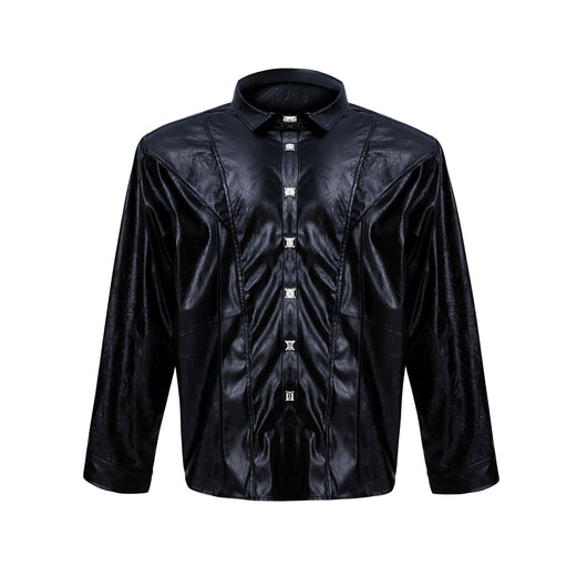 Camisa de Cuero Avanzado con Hombros Acolchados y Manga Larga - Image 6