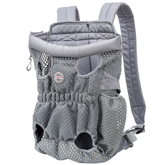 Navy blue mesh pet carrier backpack with leg holes and a light blue portable pet water bottle with a transparent reservoir. - Image 26