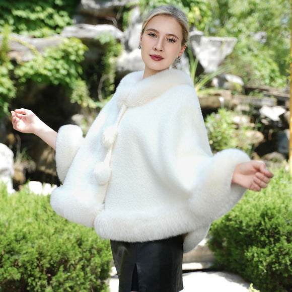 Inverness-Style White Fur Cardigan Cape with Plush Collar