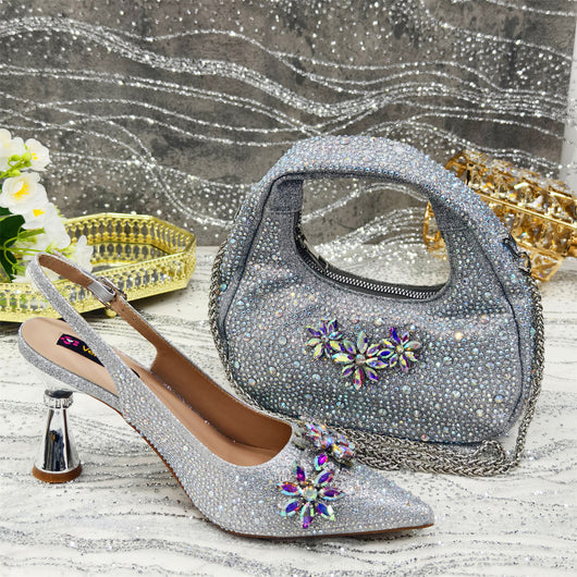 Zapatos de Tacón Alto Punta Fina con Flores de Cristales y Bolso Juego Suave - Image 6