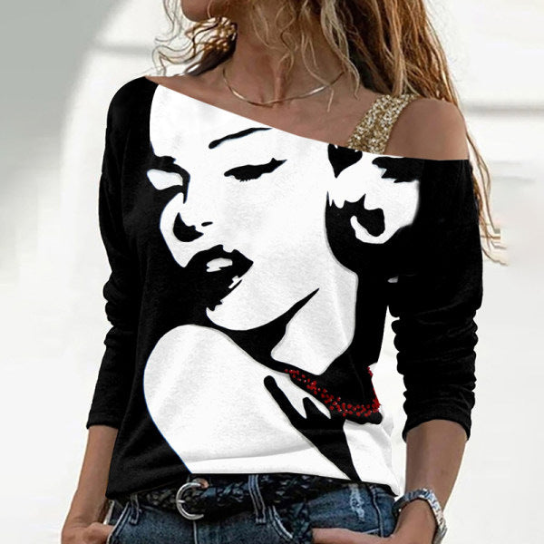 Blusa Casual Estampada con Cuello Diagonal Trendy