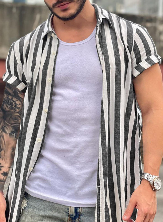 Camisa Cardigan de Lino con Rayas y Solapa para Hombre - Image 3