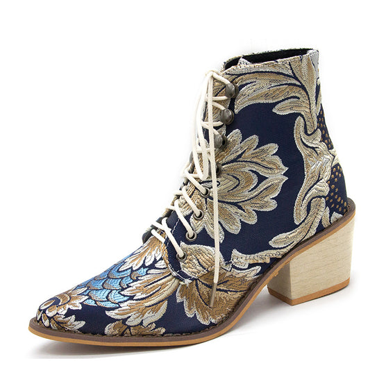 Botas Cortas Étnicas con Tacón Grueso y Bordado de Encaje para Mujer - Image 5