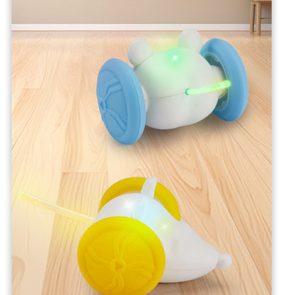 Yellow and white remote control electric mouse toy for cats, shown with its black remote and white charging cable. - Image 11