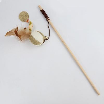 Wooden cat wand toy with a brown string, a small silver bell, a cream fabric mouse, and light brown feathers. - Image 11