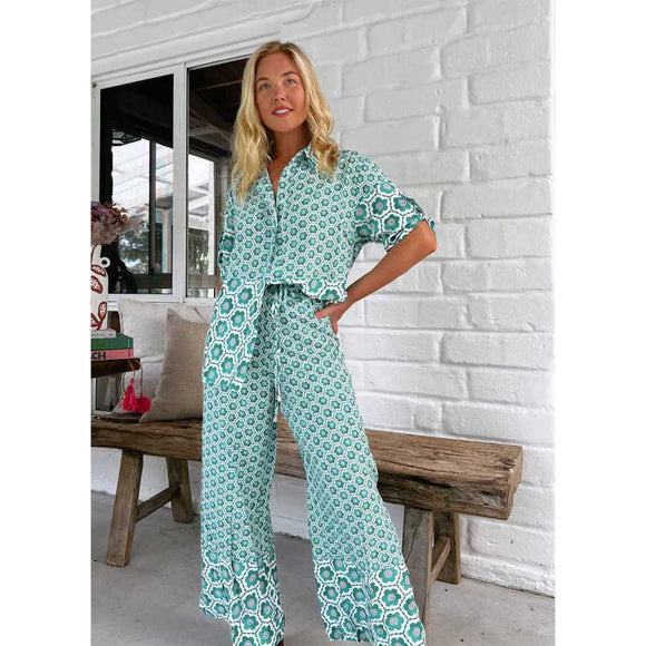 Conjunto Estampado de Moda Casual: Camisa + Pantalón Ancho