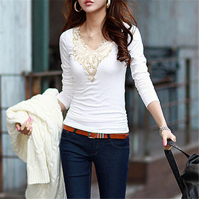 Blusa de Cuello V Manga Larga con Puntilla Elegante - Image 5