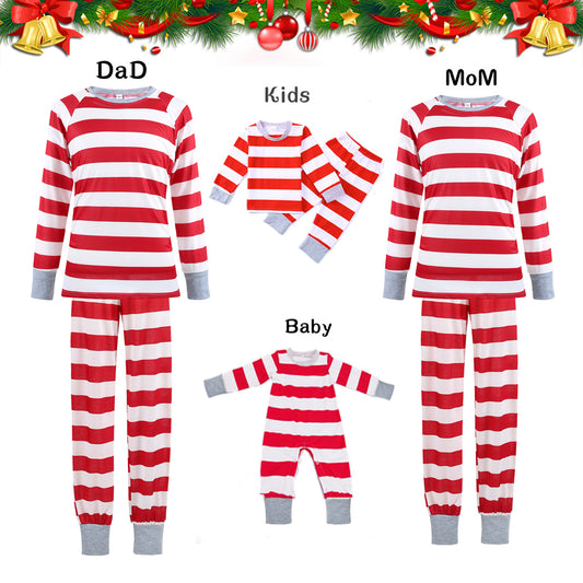 Red and white striped long-sleeve parent-child pajamas, including men's, women's, kids' two-piece sets, and a baby romper.