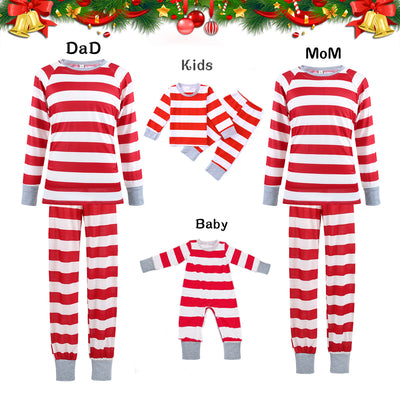 Red and white striped long-sleeve parent-child pajamas, including men's, women's, kids' two-piece sets, and a baby romper.